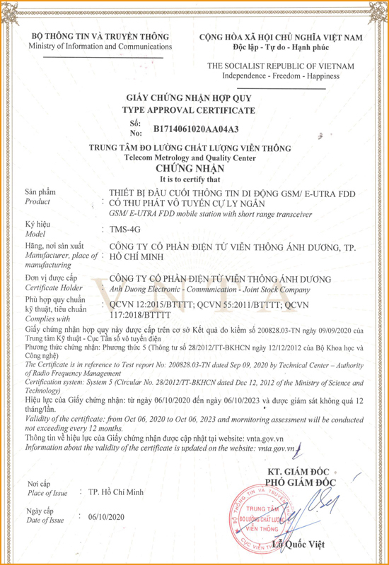 Hình ảnh giấy chứng nhận hợp quy của thiết bị định vị TMS-4G